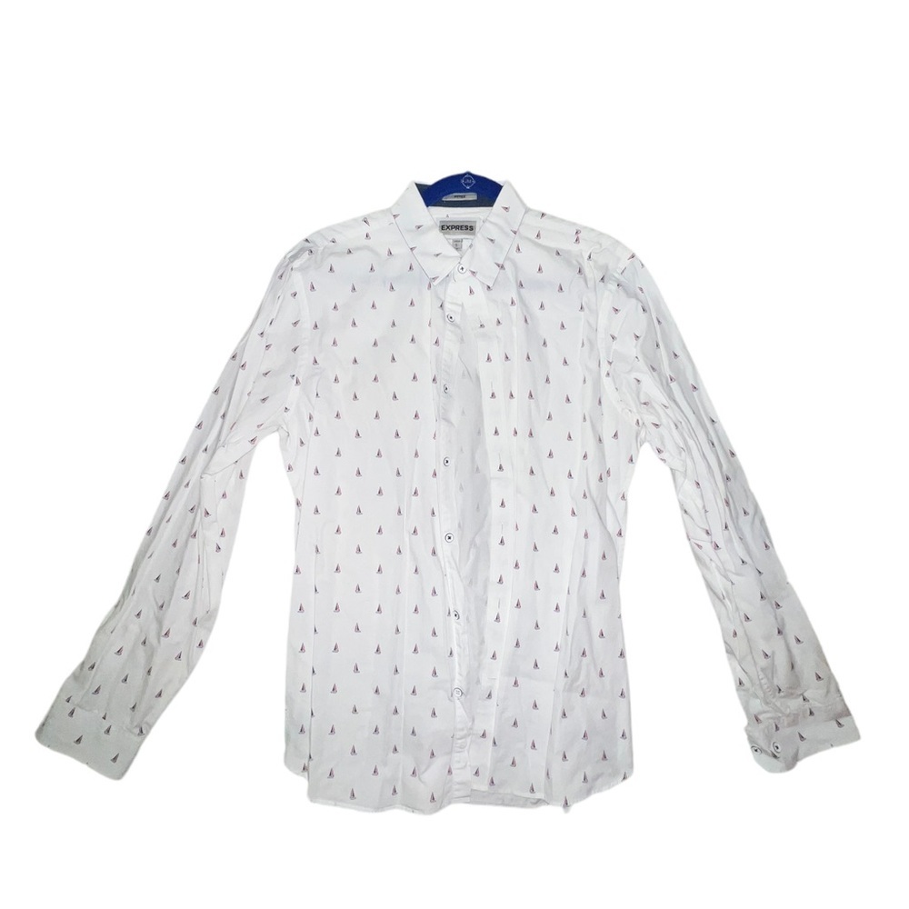 Express Men's Slim Mini Sail Boat Print Cotton Dress Shirt 16 Neck Large